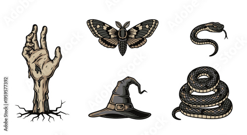Halloween Spooky Horror Fantasy Vector Illustration Set with Zombie Hand Moth Snake and Witch Hat