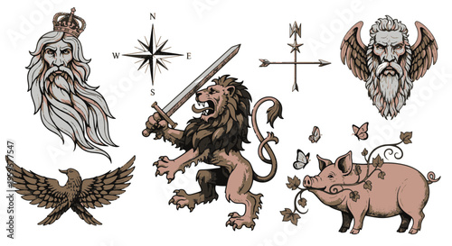 Illustration Vintage Collection of Mythological Figures Animals and Navigation Symbols