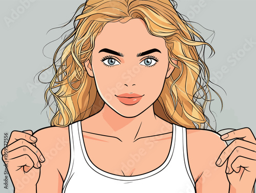 Woman with blonde hair holds her hands up in a joyful expression. She has blue eyes and a bright smile in a simple design