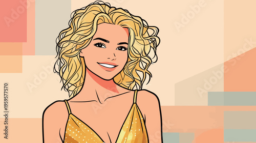Bright woman smiling with curly blonde hair in a simple background with light colors and soft shapes