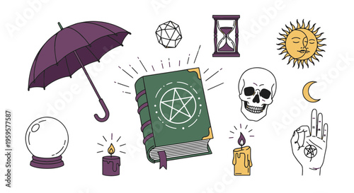 Magic Esoteric Symbols Set with Umbrella Book Skull Crystal Ball and Celestial Objects