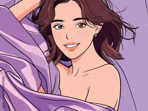 Woman relaxes with purple fabric in a bright setting during daytime, smiling and enjoying the moment