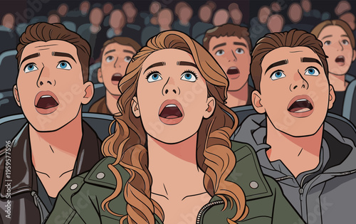Group of young people watch movie in theater with surprised expressions on their faces during an exciting scene late at night