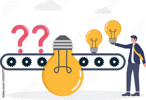 Professional placing red question marks on a conveyor belt