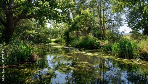 Quiet countryside pond surrounded by lush vegetation and trees. Peaceful natural scene ideal for environment and relaxation themes.