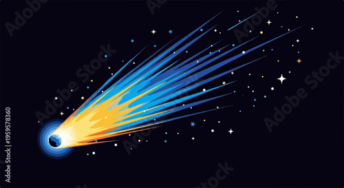 Vibrant meteor streaking across starry night sky with bright blue and orange trail