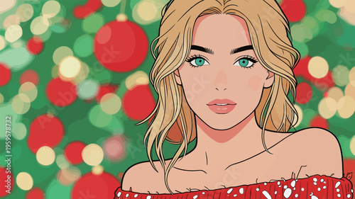 Woman with blonde hair and blue eyes posing against a green and red background during the holiday season