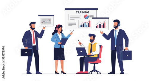 Business team presenting data analysis and training in office