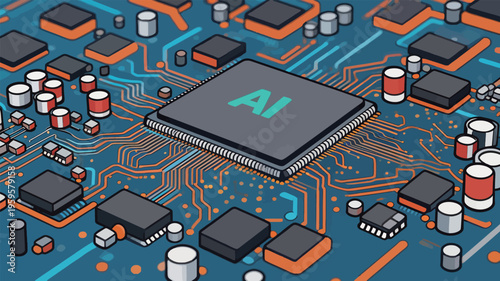 Microchip design with AI focus on a circuit board in a technology lab during daytime