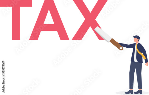 Businessman cutting the word tax with a giant pair of scissors