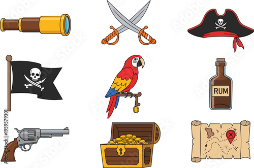 Pirate icons set with swords hat flag parrot treasure chest rum bottle map revolver telescope vector illustration adventure collection isolated
