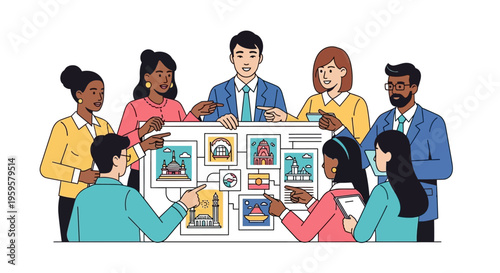 Diverse group of people discussing and pointing at a large poster with architectural drawings and blueprints in a collaborative meeting