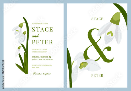Spring Wedding invitation cards template with snowdrop flowers and elegant text