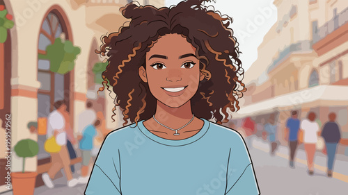 Young person smiles in busy street with shops during daytime in a lively city setting
