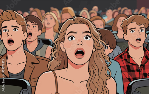 Group of young people watching a movie with shocked expressions in a theater