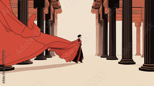 Woman walks through ancient columns wearing a long red cape during a quiet moment in a historical setting