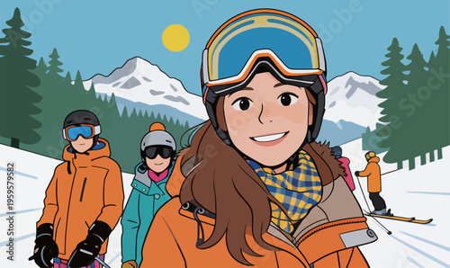 People ski at a winter resort with snow-covered mountains and trees during a sunny day