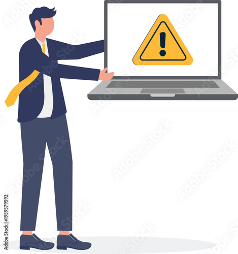 Professional holding a laptop with a yellow warning triangle sign