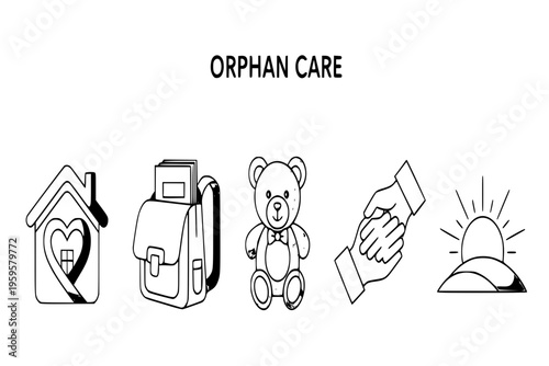 Orphan Care Icons Set Charity House Heart School Bag Teddy Bear Black Vector Silhouette