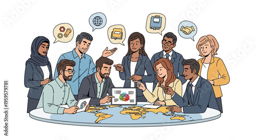 Diverse business team discussing global strategy around a world map