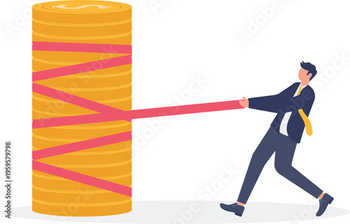 Professional pulling a red rope around a stack of gold coins