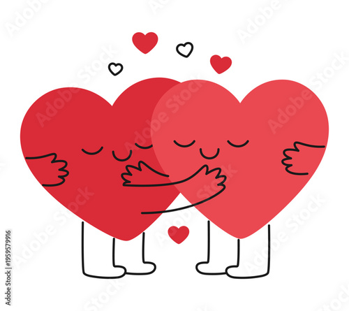 Love heart couple. Two cute cartoon heart character hugging. Sweet mascots lovers in minimalist style