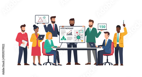 Business partnership meeting with diverse team members presenting data