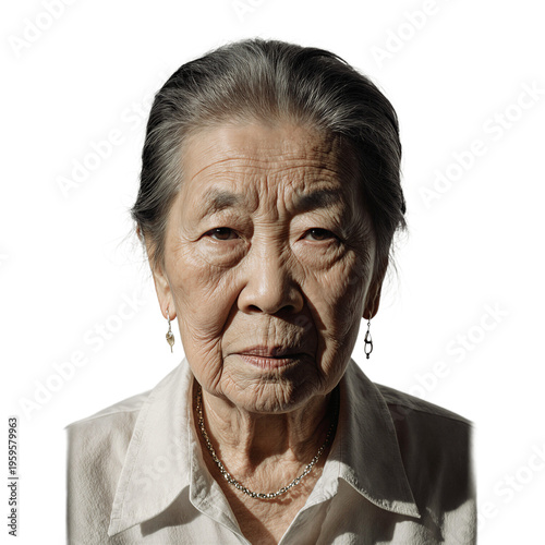 Vulnerable Eye Contact - An elderly Chinese American woman stares directly lens, deep wrinkles, unclasped necklace hanging plain linen blouse