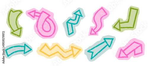 Colorful scrapbook arrows with cutout paper effect and soft shadows. Playful directional shapes in bright tones for creative design.