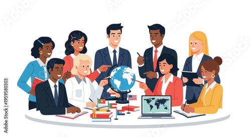 Diverse group of people around a table with globe and laptop