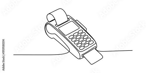 Minimalist one line art of a credit card machine terminal with receipt and payment card.