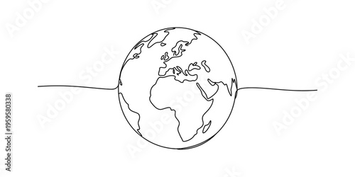 Continuous line drawing of planet earth globe showing continents on a white background