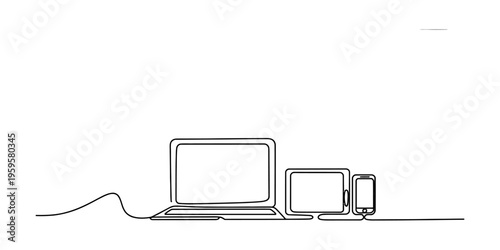 Single continuous line drawing of electronic devices including a laptop tablet and smartphone