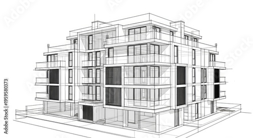 Architectural illustration of modern residential building rendered in line art