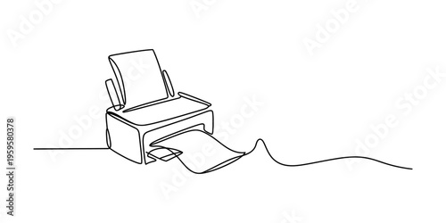 Single continuous line drawing of a modern office inkjet printer with paper on a white background.