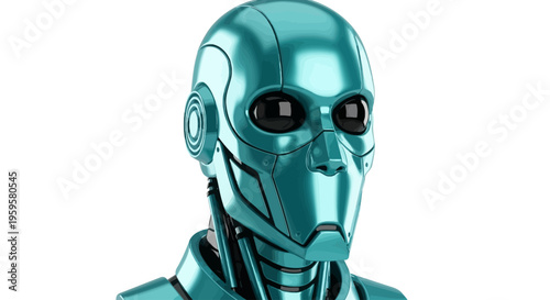 Futuristic Metallic Teal Robot Head with Glowing Eyes