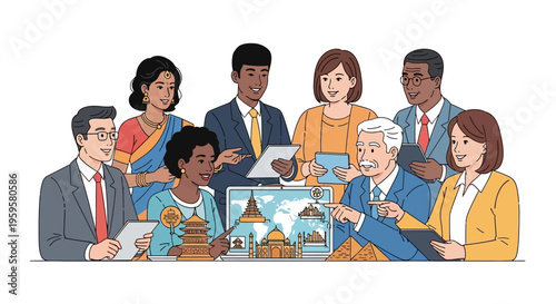 Diverse group of people from different cultures discussing global landmarks