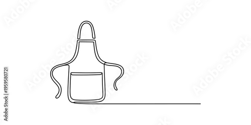 Continuous line drawing of a kitchen apron with a front pocket on a white background