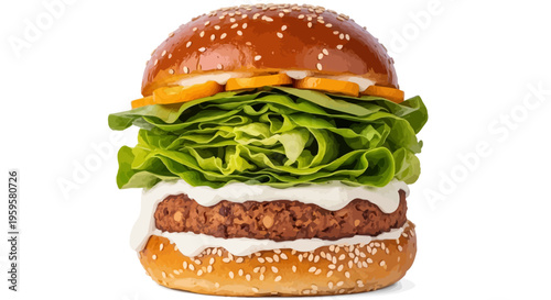 Gourmet plant-based burger with a savory veggie patty, crisp green lettuce, creamy sauce, and fresh carrot slices, served on a toasted sesame bun, isolated on a clean white background