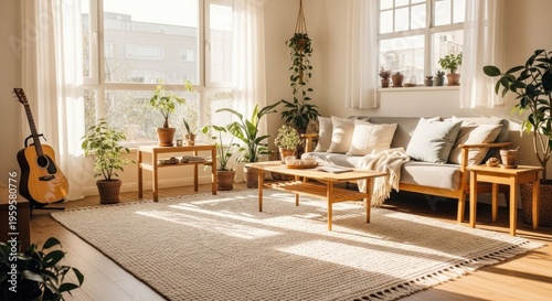 Bright living room with natural light and interior plants cozy atmosphere
