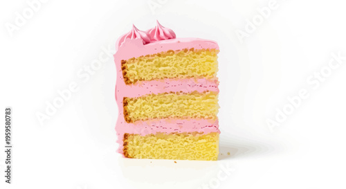 A delectable slice of vanilla layer cake adorned with vibrant pink buttercream frosting, perfect for birthdays, parties, and sweet dessert indulgences