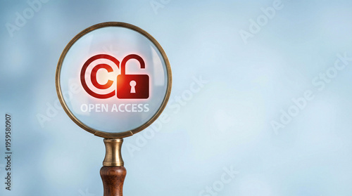 Magnifying glass reveals a symbolic open access icon. Red lock turns to keyhole, signifying freedom. Clear background shows focus and clarity
