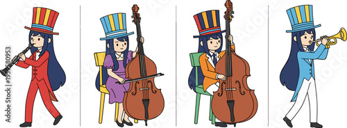Cartoon musicians characters set with clarinet trumpet and double bass players wearing colorful outfits vector illustration music performance isolated