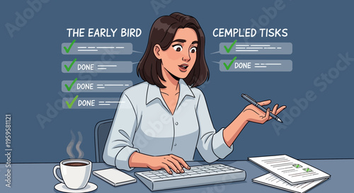 Woman sitting at desk with completed tasks and checklist