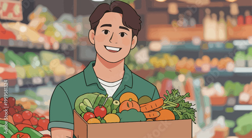 Young man carries a box of fresh vegetables and fruits in a grocery store while smiling at the camera