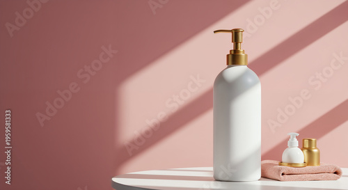 Wallpaper Mural White cosmetic shampoo dispenser bottle mockup on a pink background. mockup on a white table. Torontodigital.ca