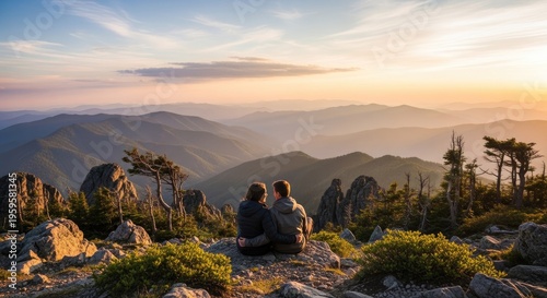 Couple embracing mountain view at sunset overlooking scenic landscape