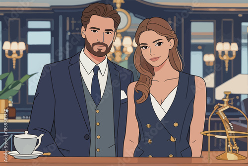 Couple stands together in elegant setting with coffee cup and upscale decor in background during late afternoon