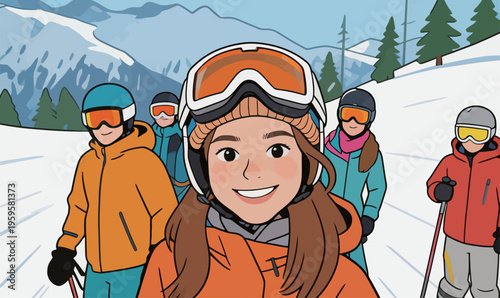 Group of friends enjoy skiing together on snow-covered mountains in winter