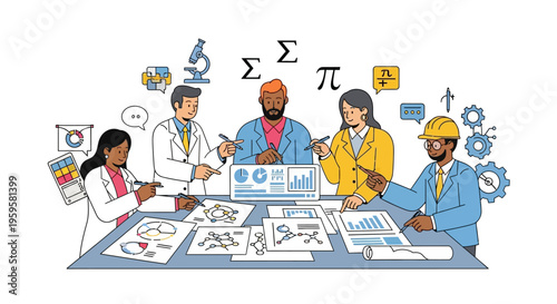 Diverse team of professionals collaborating on data analysis and science project